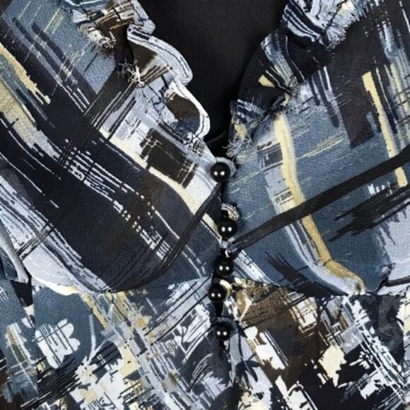 Tapemeasure Womens Abstract Print Ruffle Sleeveless Blouse Size 4 Black/White/Bl - Picture 9 of 9